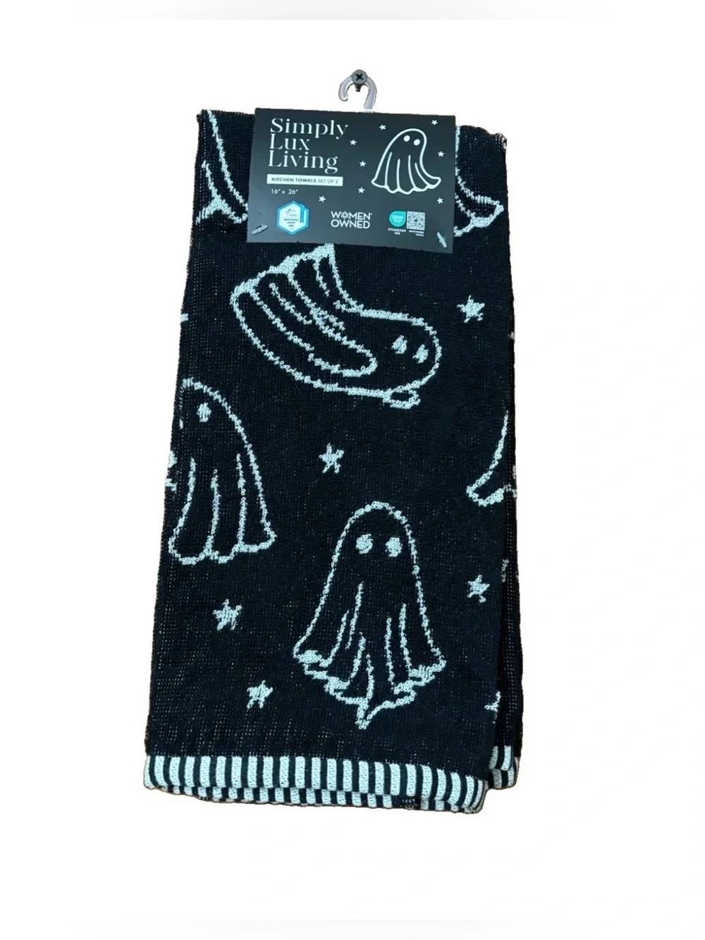 HALLOWEEN KITCHEN TOWELS SET OF 2 SPOOKY GHOSTS GOTHIC BLACK WHITE 100% COTTON
